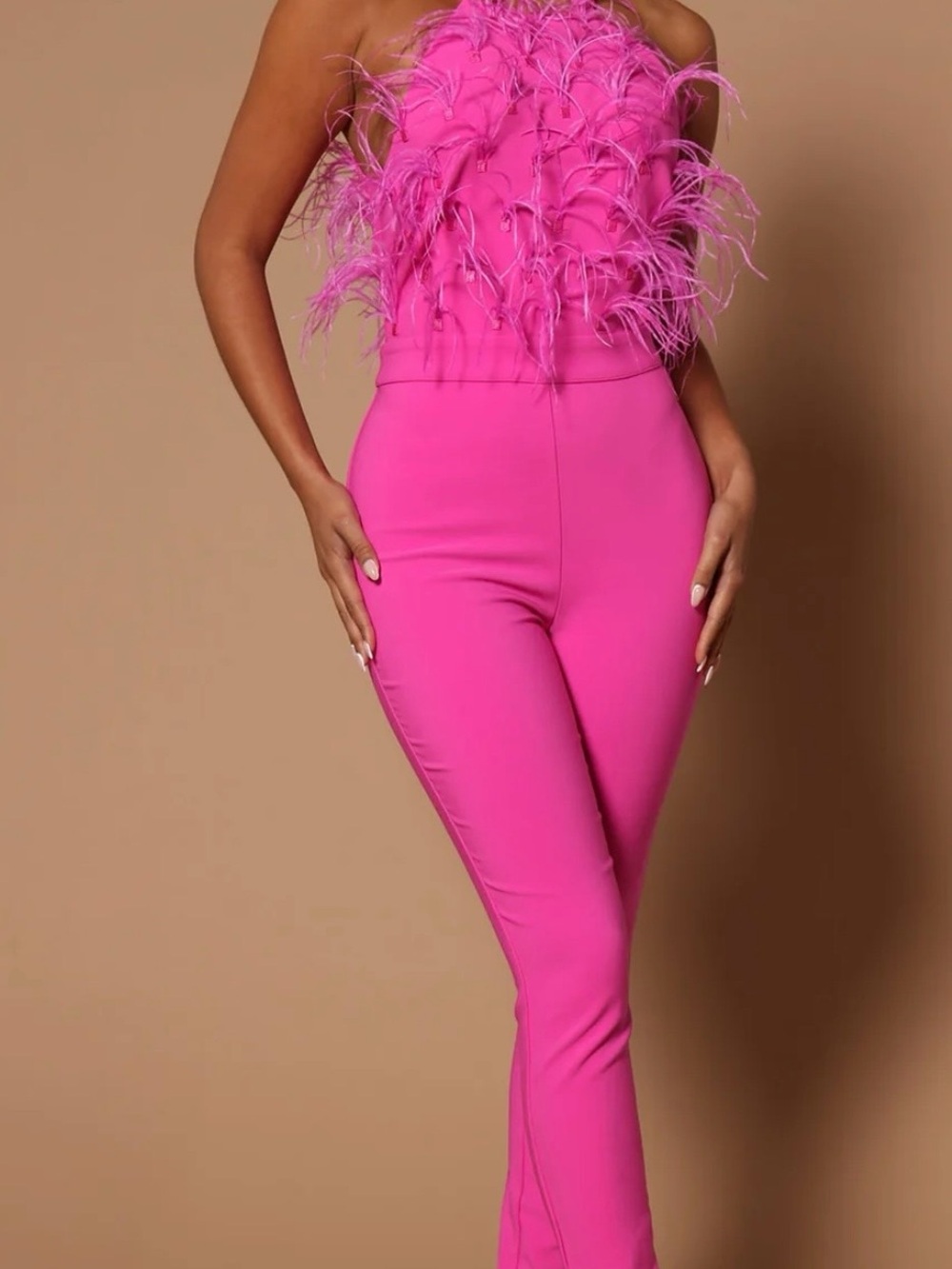 Fashion Nova Ysabel Feather-Trim Hot Pink Jumpsuit